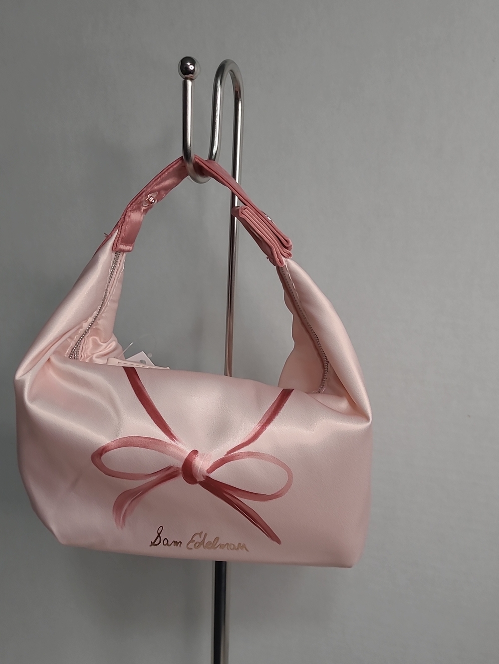 Sam Edelman Blush Pink Satin Cosmetic Pouch with Bow Motif